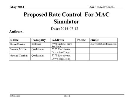 Doc.: 11-14-0851-00-00ax Submission May 2014 Slide 1 Proposed Rate Control For MAC Simulator Date: 2014-07-12 Authors: