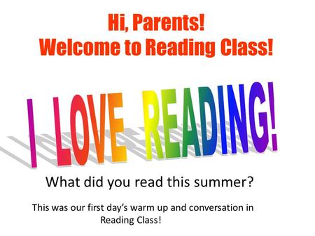 What did you read this summer? Hi, Parents! Welcome to Reading Class! This was our first day’s warm up and conversation in Reading Class!