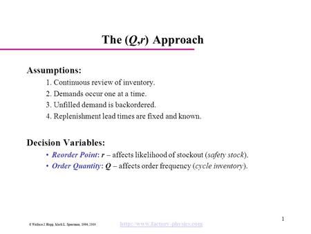 © Wallace J. Hopp, Mark L. Spearman, 1996, 2000  1 The (Q,r) Approach Assumptions: 1. Continuous review of inventory. 2.