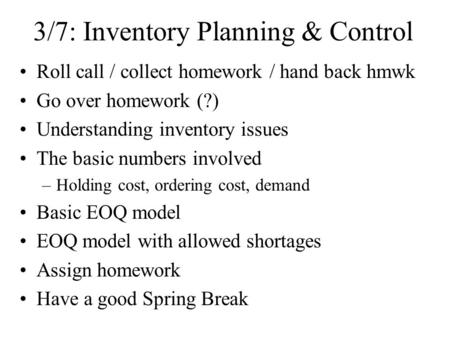 3/7: Inventory Planning & Control