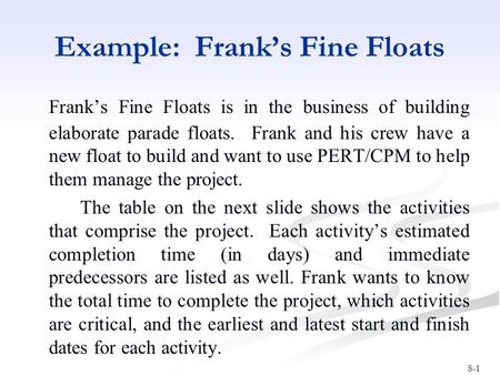 Example: Frank’s Fine Floats