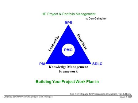Building Your Project Work Plan in March 2, 2007 HP Project & Portfolio Management by Dan Gallagher See NOTES page for Presentation Discussion, Tips &