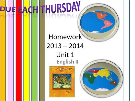 Homework 2013 – 2014 Unit 1 English II. HOMEWORK Each Week USE YOUR GLENCOE TEXT! (Assigned on Monday DUE on Thursday of the same week)  Bio – Summary.