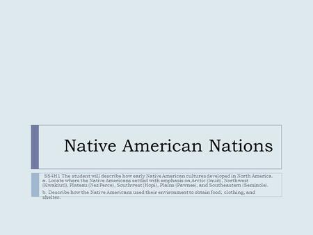 Native American Nations SS4H1 The student will describe how early Native American cultures developed in North America. a. Locate where the Native Americans.