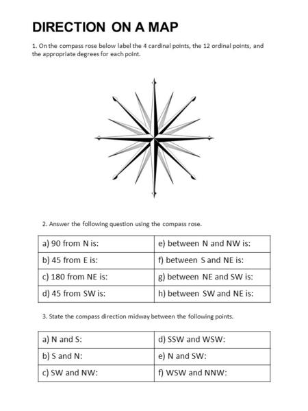 DIRECTION ON A MAP a) 90 from N is: e) between N and NW is: