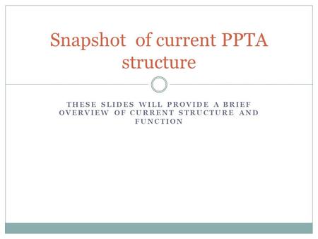THESE SLIDES WILL PROVIDE A BRIEF OVERVIEW OF CURRENT STRUCTURE AND FUNCTION Snapshot of current PPTA structure.