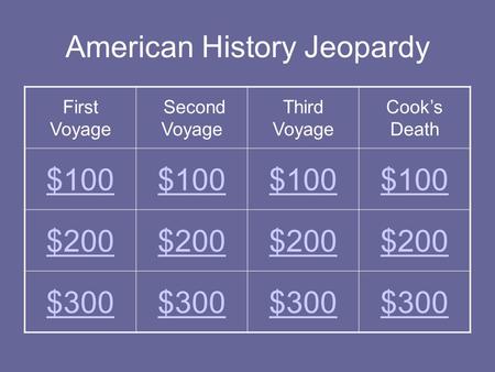 American History Jeopardy First Voyage Second Voyage Third Voyage Cook’s Death $100 $200 $300.