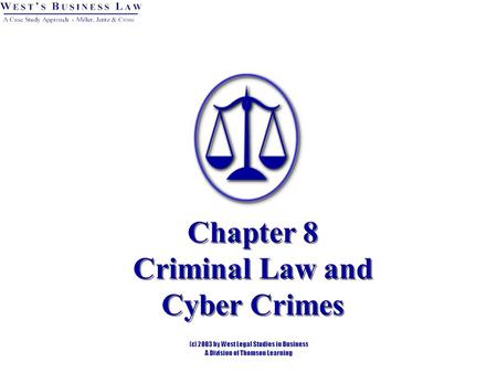 Chapter 8 Criminal Law and Cyber Crimes. 2 §1: Civil vs. Criminal Law Major differences: Civil (Tort)Criminal PreponderanceBeyond Reasonable Doubt DamagesJail.