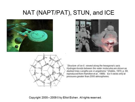Copyright 2005 – 2009 © by Elliot Eichen. All rights reserved. NAT (NAPT/PAT), STUN, and ICE `Structure of ice II, viewed along the hexagonal c-axis. Hydrogen.
