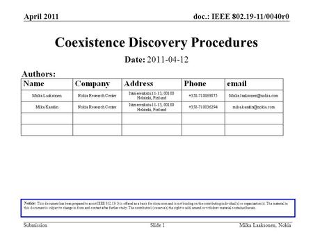 Doc.: IEEE 802.19-11/0040r0 Submission April 2011 Miika Laaksonen, NokiaSlide 1 Coexistence Discovery Procedures Notice: This document has been prepared.