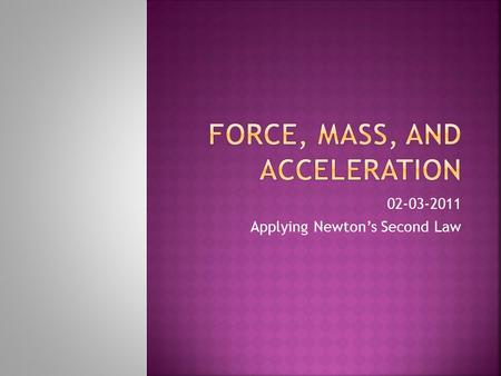 02-03-2011 Applying Newton’s Second Law.  Today’s objective is to apply what we know about acceleration and mass to calculating Net Force. Lets Review...