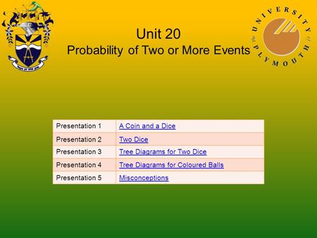 Unit 20 Probability of Two or More Events Presentation 1A Coin and a Dice Presentation 2Two Dice Presentation 3Tree Diagrams for Two Dice Presentation.