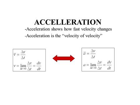 ACCELLERATION -Acceleration shows how fast velocity changes - Acceleration is the “velocity of velocity”