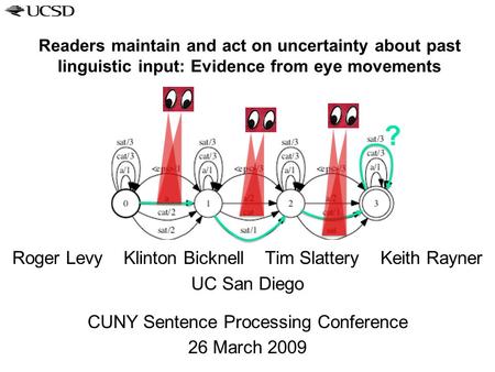 Readers maintain and act on uncertainty about past linguistic input: Evidence from eye movements Roger Levy Klinton Bicknell Tim Slattery Keith Rayner.