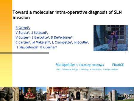 Toward a molecular intra-operative diagnosis of SLN invasion R Garrel 1, V Burcia 1, J Solassol 2, V Costes 3, E Barbotte 4, D DeVerbizier 5, C Cartier.