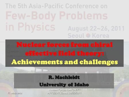 Nuclear forces from chiral effective field theory: Achievements and challenges R. Machleidt University of Idaho R. Machleidt 1 Nuclear Forces from ChEFT.