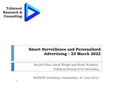 Smart Surveillance and Personalised Advertising – 23 March 2022 Rachel Finn, David Wright and Kush Wadhwa, Trilateral Research & Consulting SAPIENT workshop,