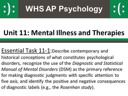 WHS AP Psychology Unit 11: Mental Illness and Therapies Essential Task 11-1: Describe contemporary and historical conceptions of what constitutes psychological.