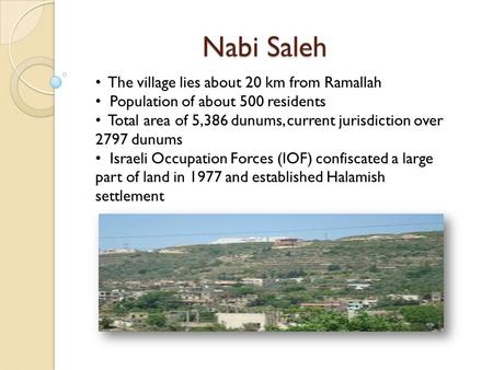 Nabi Saleh The village lies about 20 km from Ramallah Population of about 500 residents Total area of 5,386 dunums, current jurisdiction over 2797 dunums.