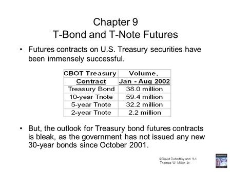 ©David Dubofsky and 9-1 Thomas W. Miller, Jr. Chapter 9 T-Bond and T-Note Futures Futures contracts on U.S. Treasury securities have been immensely successful.