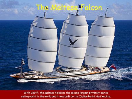 With 289 ft, the Maltese Falcon is the second largest privately-owned sailing yacht in the world and it was built by the Italian Perini Navi Yachts. The.