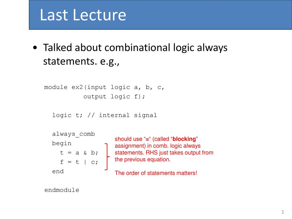 Last Lecture Talked About Combinational Logic Always Statements E G Ppt Download