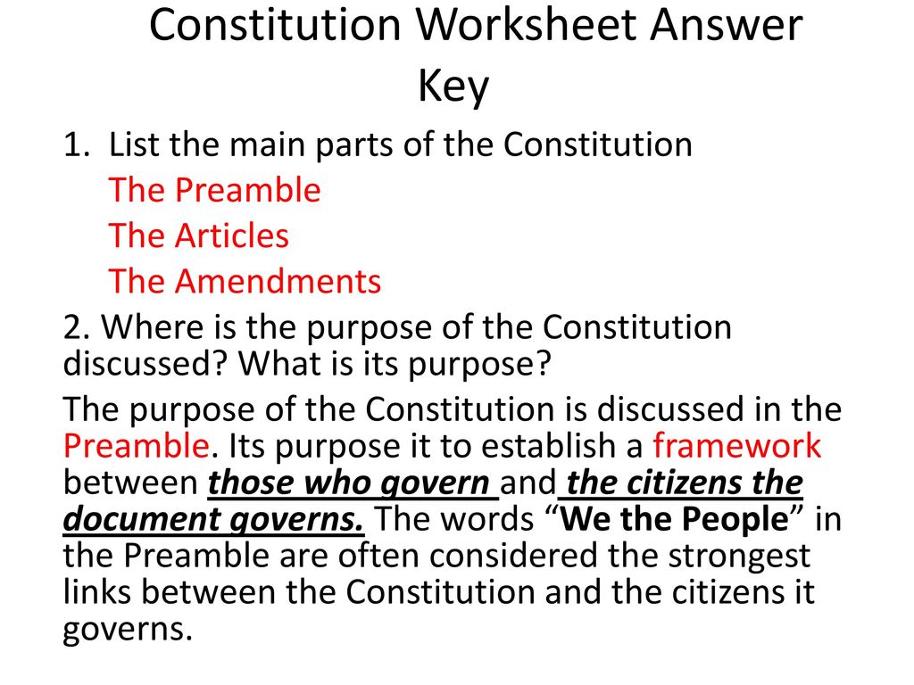 Constitution Worksheet Answer Key - ppt download Within Constitutional Principles Worksheet Answers