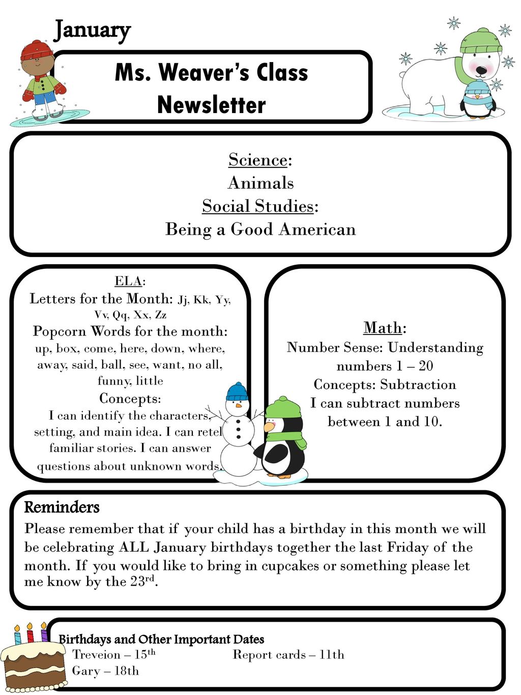 January Ms. Weaver's Class Newsletter Science: Animals Social Studies: -  ppt download