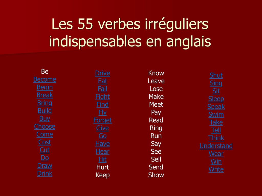 Les 55 Verbes Irreguliers Indispensables En Anglais Ppt Download
