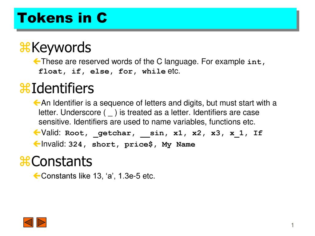 tokens in c keywords identifiers