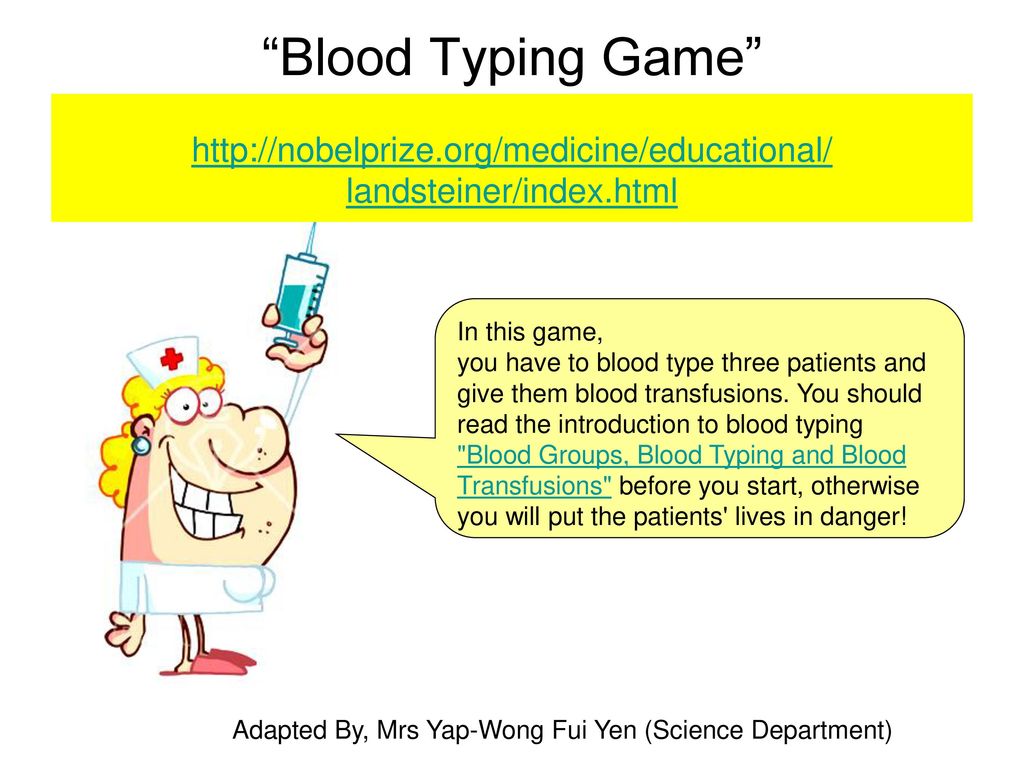 The Blood Typing Game - about blood groups, blood typing and blood transfusions