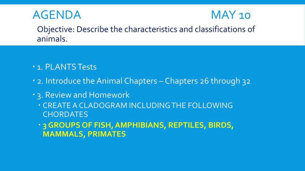AGENDA MAY 10 Objective: Describe the characteristics and classifications of  animals. 1. PLANTS Tests. - ppt download