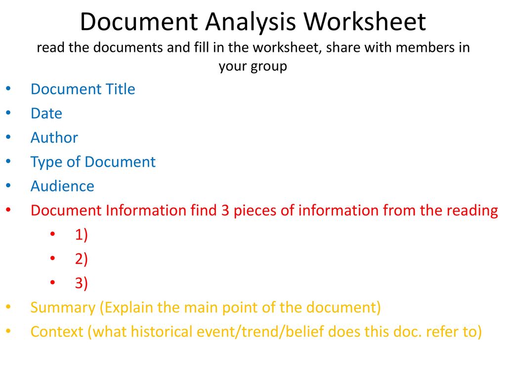 Document Analysis Worksheet read the documents and fill in the With Written Document Analysis Worksheet Answers