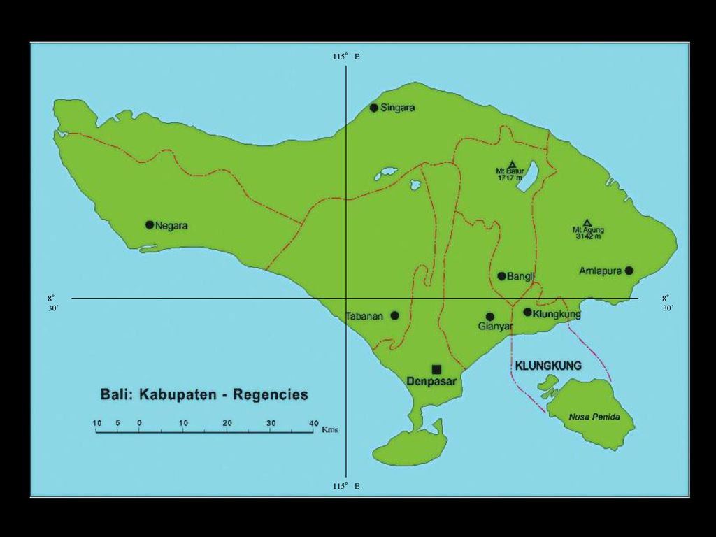 115° E 8° 30' 8° 30' Bali is a small verdant tropical island some 150 by 80  kms in size and lying about 8° 30' S of the Equator. Physically it's very.  - ppt download