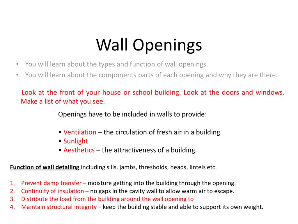 Wall Openings You Will Learn About The Types And Function Of Wall Openings You Will Learn About The Components Parts Of Each Opening And Why They Are Ppt Download