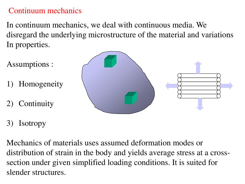Continuum mechanics In continuum mechanics, we deal with continuous media.  We disregard the underlying microstructure of the material and variations  In. - ppt download