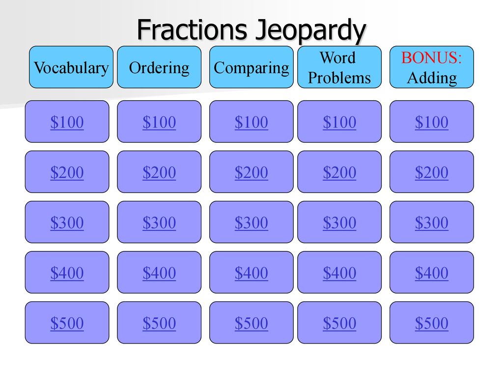 Fractions Jeopardy Vocabulary Ordering Comparing Word Problems Bonus: - Ppt Download