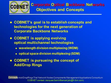 Concepts Add/DropRings Trial Network Nodes Components Management Applications Consortium COBNET contact: Jacques Saint-Blancat Corporate.