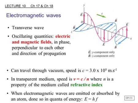 Electromagnetic waves Transverse wave Oscillating quantities: electric and magnetic fields, in phase, perpendicular to each other and direction of propagation.