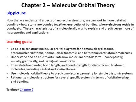 Chapter 2 – Molecular Orbital Theory