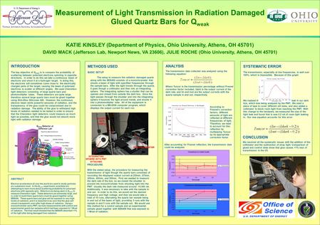 Measurement of Light Transmission in Radiation Damaged Glued Quartz Bars for Q weak KATIE KINSLEY (Department of Physics, Ohio University, Athens, OH 45701)