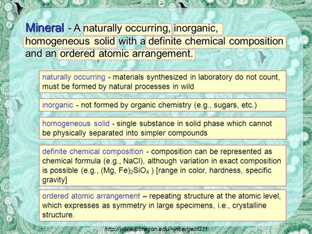 naturally occurring - materials synthesized in laboratory do not count, must be formed by natural processes in wild inorganic - not formed by organic.