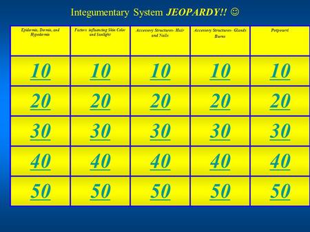 Integumentary System JEOPARDY!! Epidermis, Dermis, and Hypodermis Factors influencing Skin Color and Sunlight Accessory Structures- Hair and Nails Accessory.