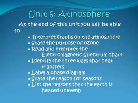 At the end of this unit you will be able to  Interpret graphs on the atmosphere  State the purpose of ozone  Read and interpret the Electromagnetic.