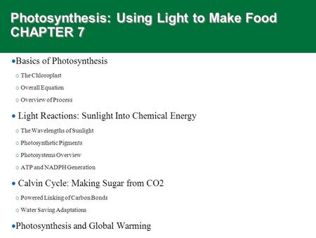 Photosynthesis: Using Light to Make Food CHAPTER 7  Basics of Photosynthesis o The Chloroplast o Overall Equation o Overview of Process  Light Reactions: