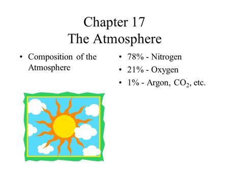 Chapter 17 The Atmosphere Composition of the Atmosphere 78% - Nitrogen 21% - Oxygen 1% - Argon, CO 2, etc.