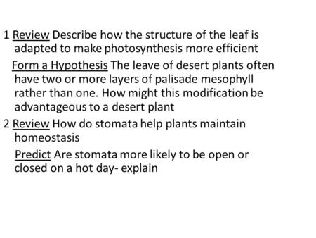 1 Review Describe how the structure of the leaf is adapted to make photosynthesis more efficient Form a Hypothesis The leave of desert plants often have.