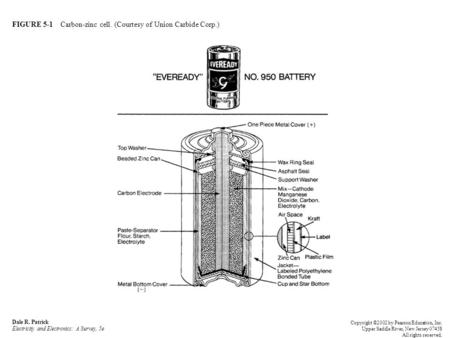 FIGURE 5-1 Carbon-zinc cell. (Courtesy of Union Carbide Corp.) Dale R. Patrick Electricity and Electronics: A Survey, 5e Copyright ©2002 by Pearson Education,