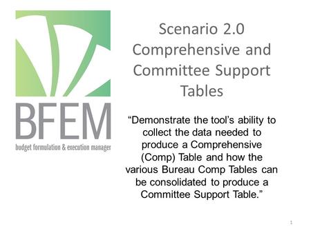 Scenario 2.0 Comprehensive and Committee Support Tables “Demonstrate the tool’s ability to collect the data needed to produce a Comprehensive (Comp) Table.