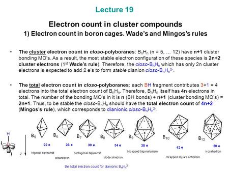 Lecture 19 Electron count in cluster compounds 1) Electron count in boron cages. Wade’s and Mingos’s rules The cluster electron count in closo-polyboranes: